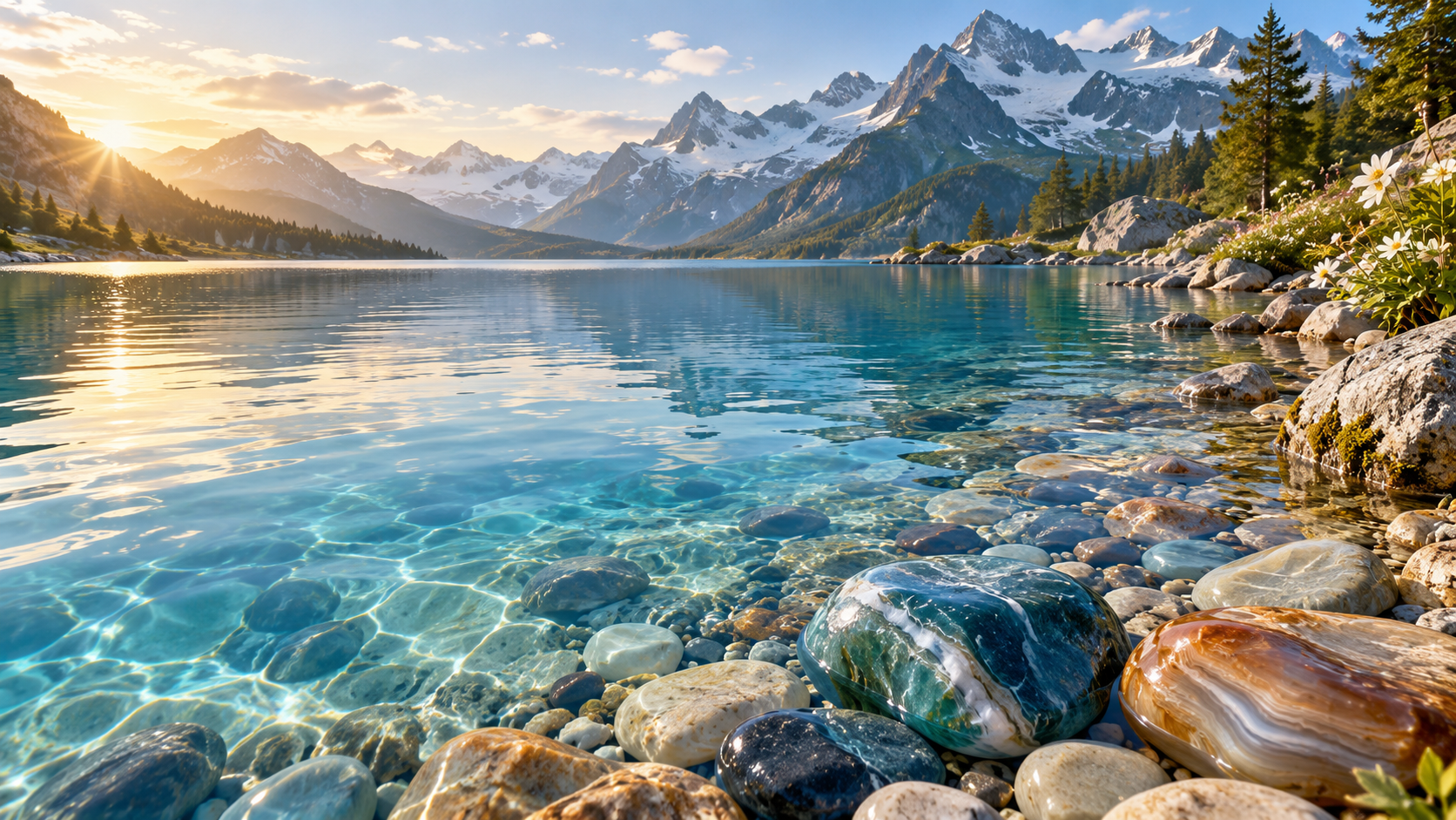 Lago limpido tra montagne, luce dell'alba e pietre naturali sulla riva